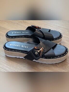 Gianni Bini Cross-Strap Black Leather Slide Sandals with Tortoiseshell Buckles